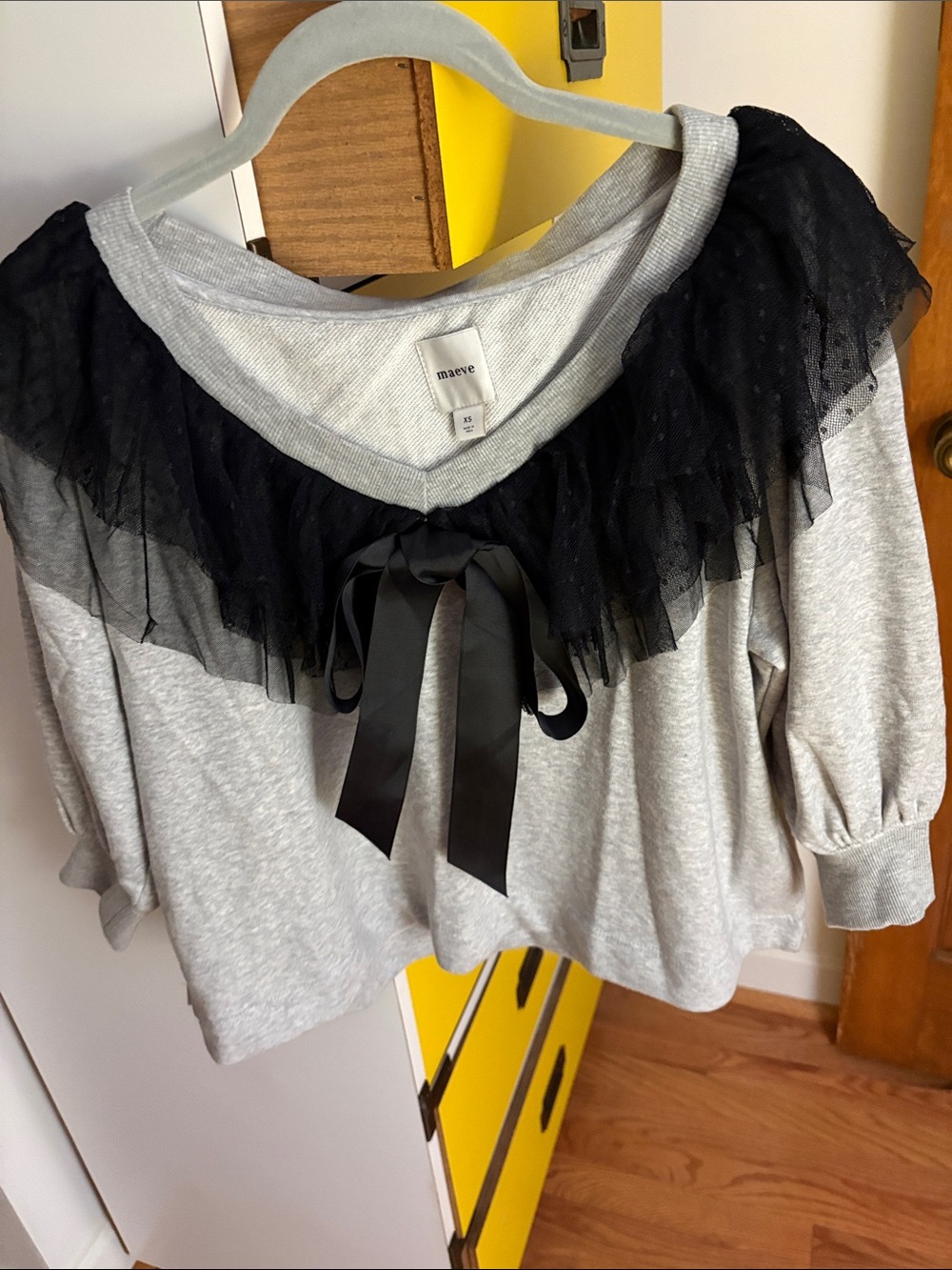 Maeve Gray Sweatshirt with Black Lace Ruffle and Bow